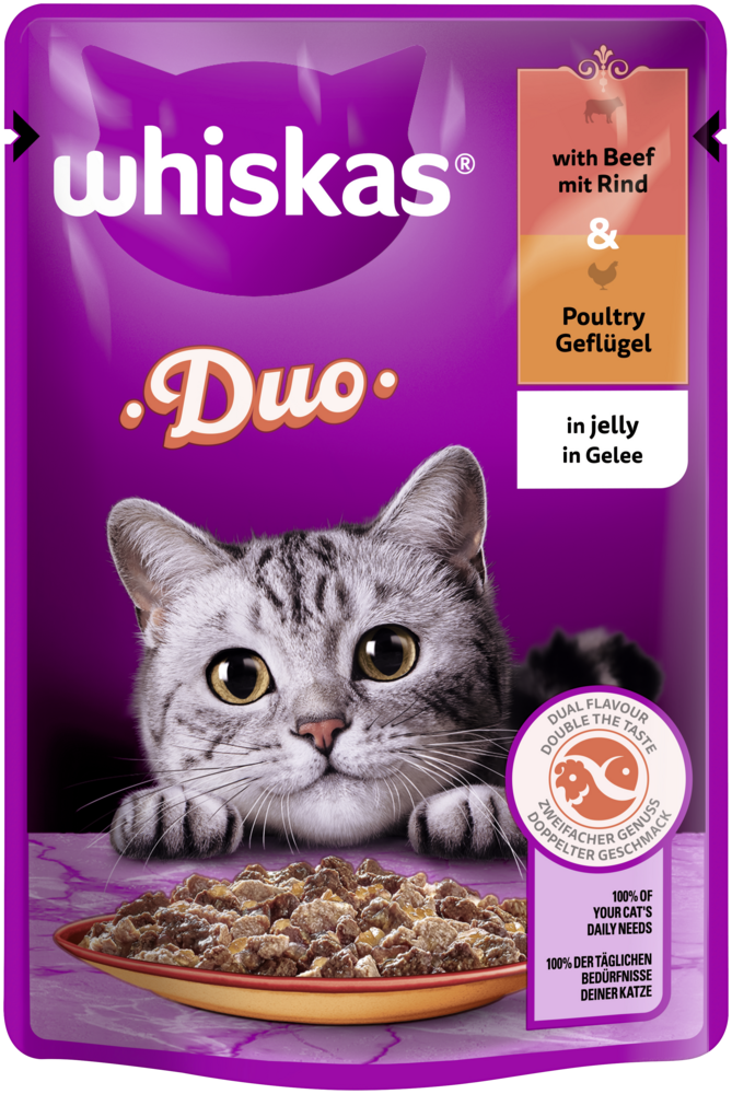 whiskas Katzen-Nassfutter Duo Portionsbeutel mit Rind & Geflügel in Gelee